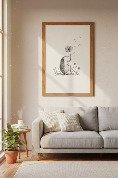 Hedgehog &amp; Dandelion Art | Whimsical Ink Sketch Poster, Nursery &amp; Kids Decor