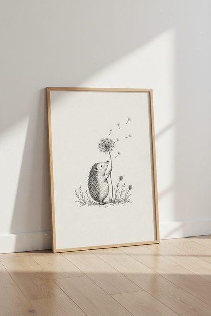 Hedgehog &amp; Dandelion Art | Whimsical Ink Sketch Poster, Nursery &amp; Kids Decor