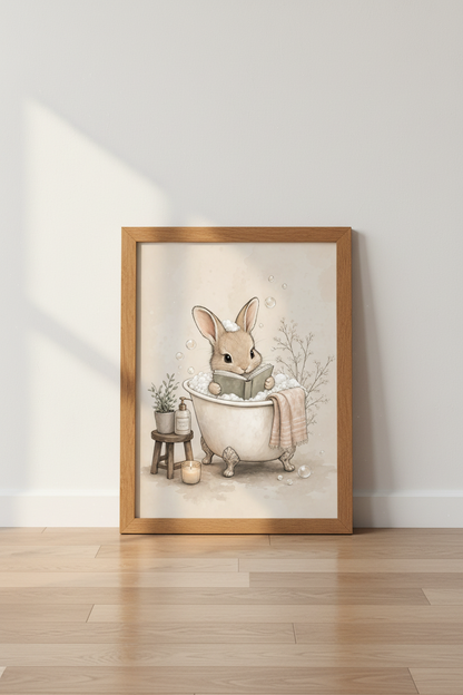 Bunny in Bathtub Reading Book Wall Art | Bathroom Decor | Cozy Watercolor Poster