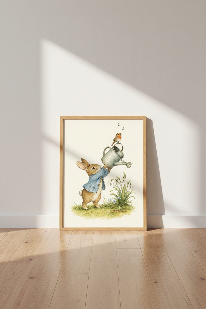 Peter Rabbit Watering Can Wall Art | Nursery Decor | Vintage Bunny Poster