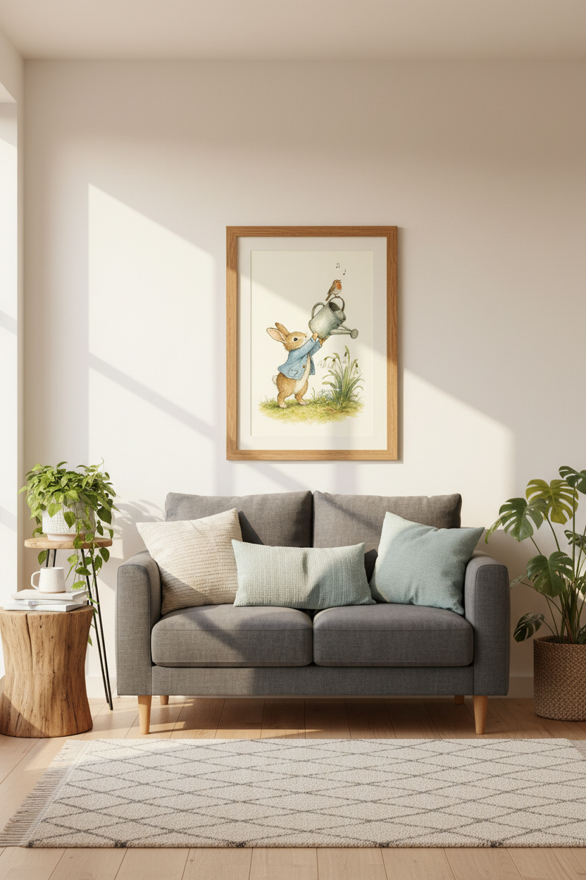 Peter Rabbit Watering Can Wall Art | Nursery Decor | Vintage Bunny Poster