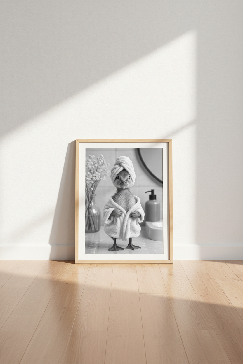 Duckling in Bathrobe Wall Art | Black and White Bathroom Decor | Cute Spa Poster