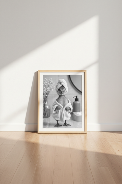 Duckling in Bathrobe Wall Art | Black and White Bathroom Decor | Cute Spa Poster