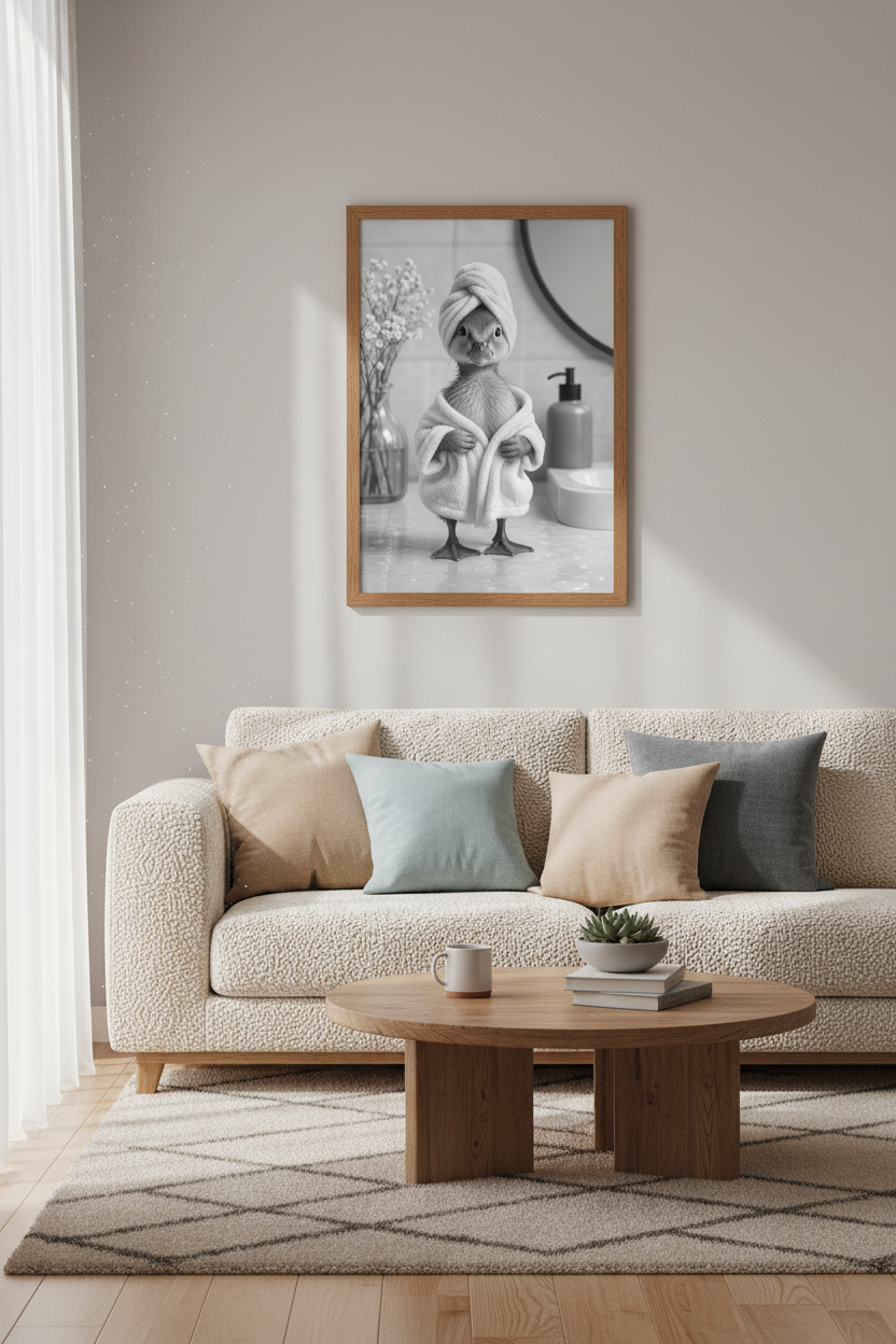 Duckling in Bathrobe Wall Art | Black and White Bathroom Decor | Cute Spa Poster