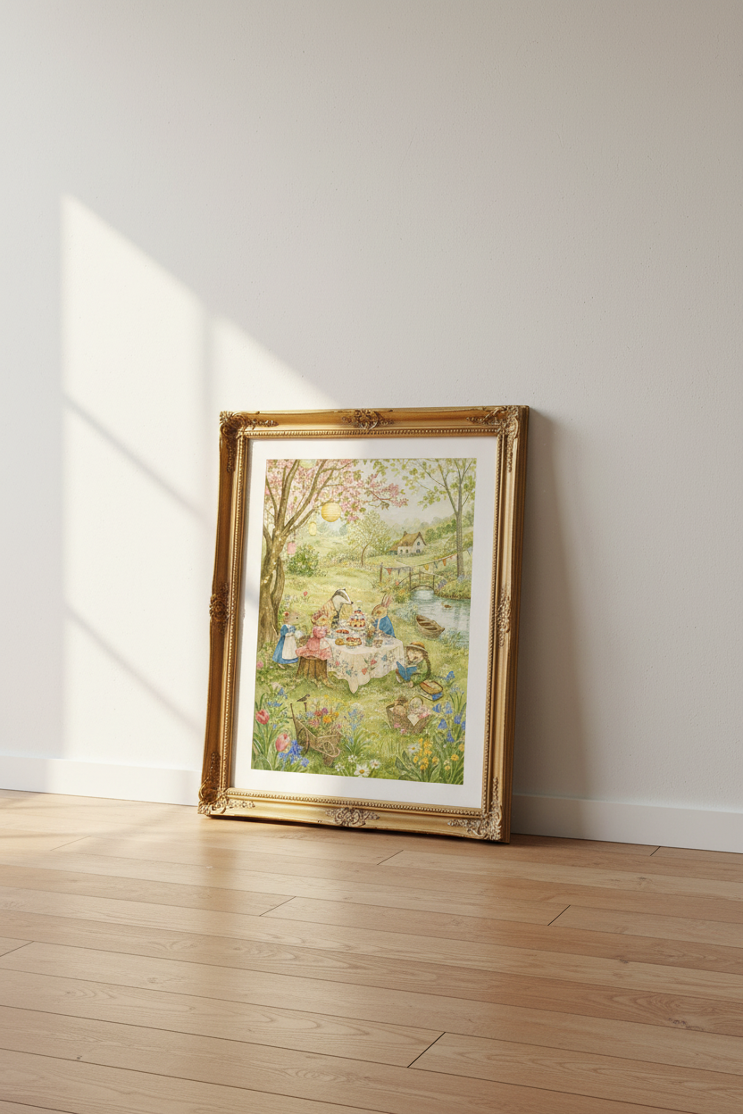 Pastel garden scene Wall Art Print | Living Room Decor | Soft watercolor Poster