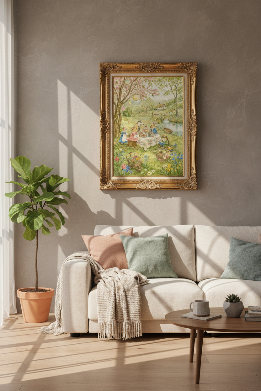 Pastel garden scene Wall Art Print | Living Room Decor | Soft watercolor Poster