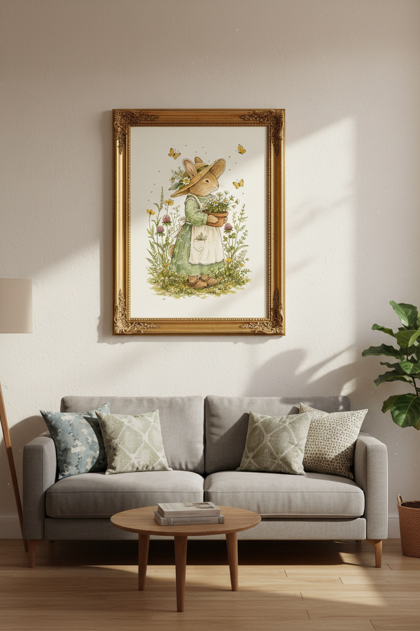 Watercolor Bunny Wall Art Print | Living Room Decor | Whimsical Poster