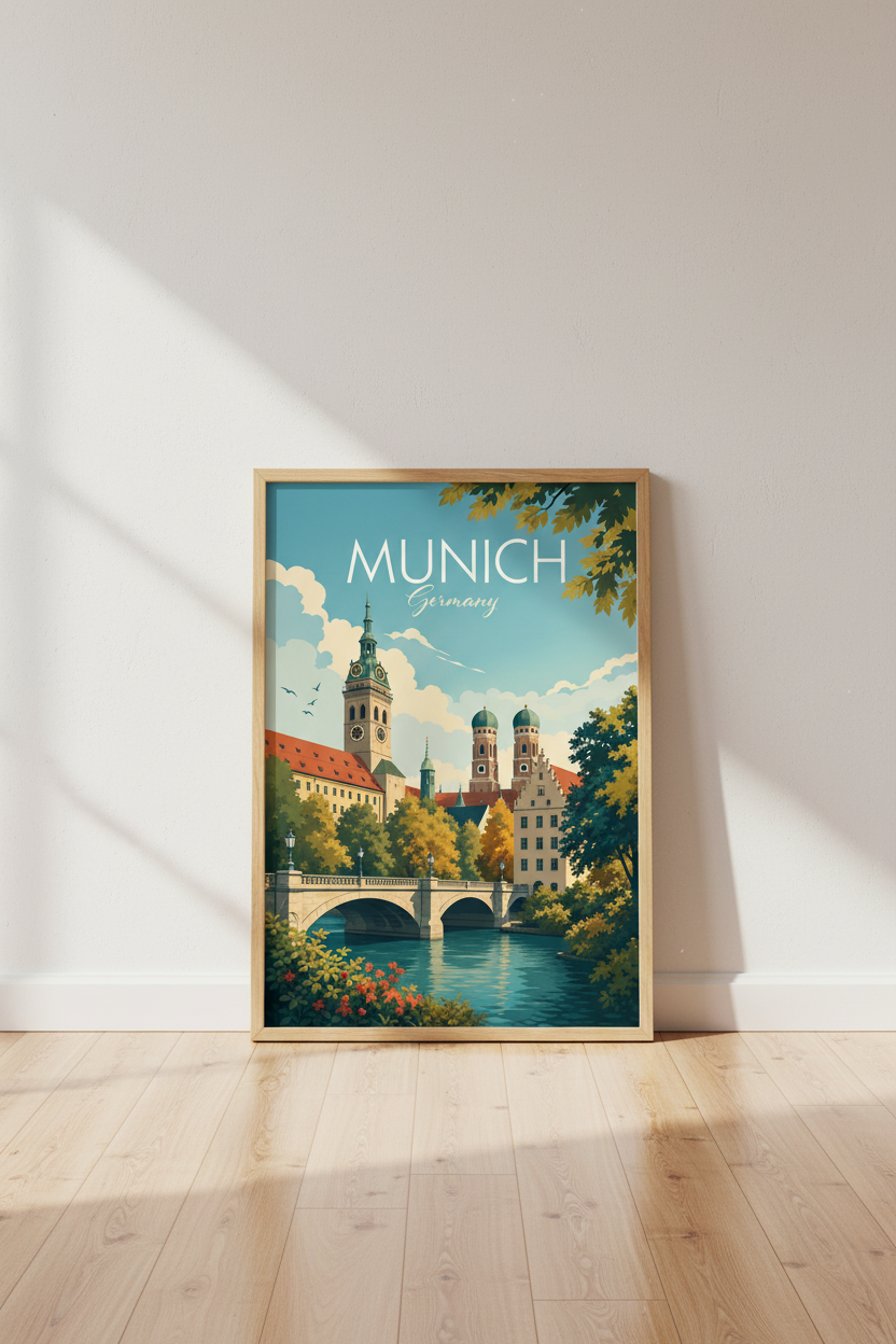 Munich Germany Vintage Travel Poster | Bavarian Cityscape Wall Art | Retro Style Print