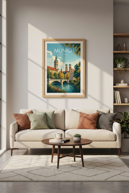 Munich Germany Vintage Travel Poster | Bavarian Cityscape Wall Art | Retro Style Print