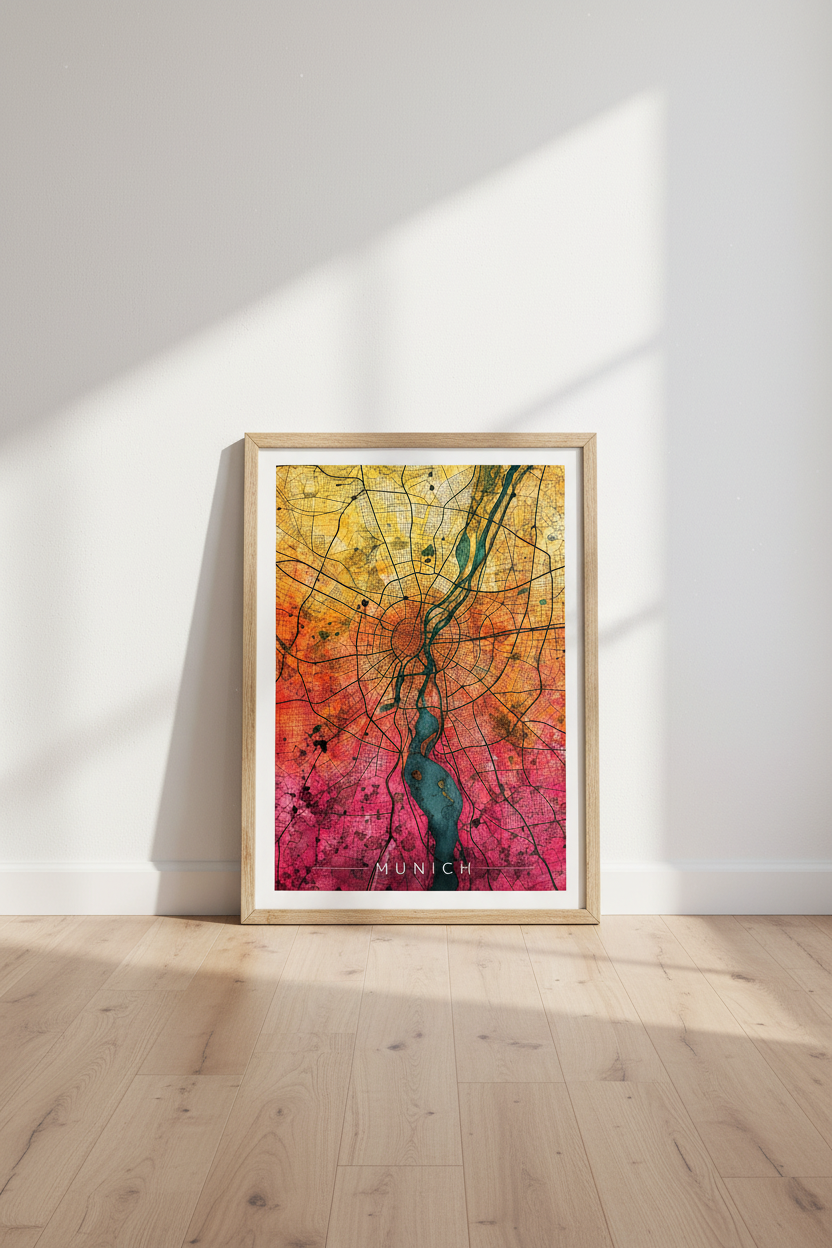 Munich City Map Art | Abstract Watercolor Gradient, Munich Germany Wall Decor Poster