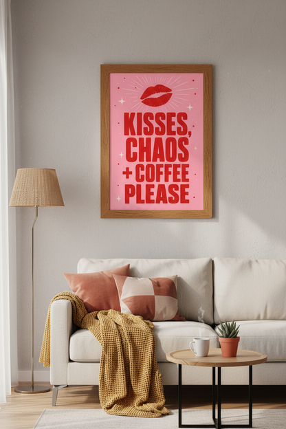 Kisses Chaos Coffee Print | Bold Pink Red Typography Poster, Modern Dorm Decor