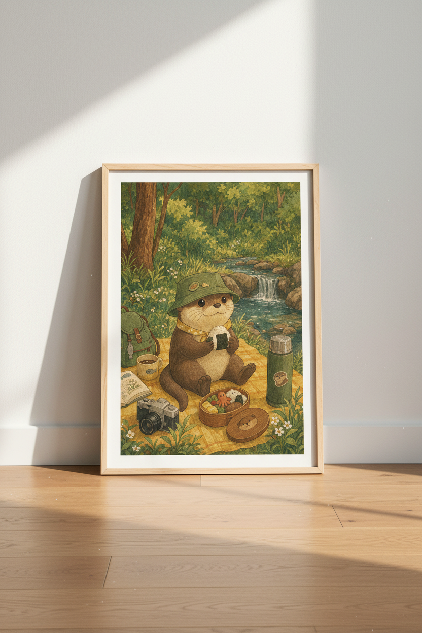 Cute Otter Picnic Watercolor Art Print | Nursery Forest Decor | Cottagecore Poster