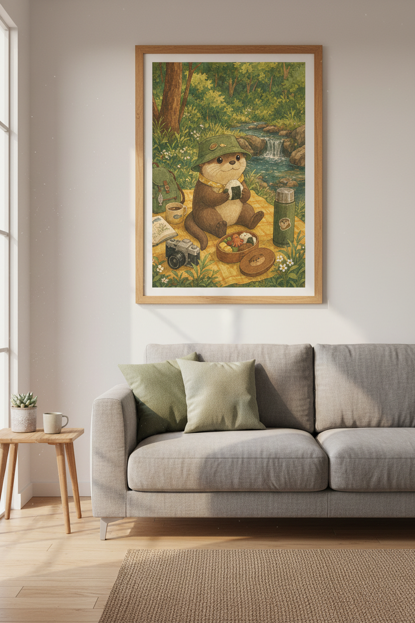Cute Otter Picnic Watercolor Art Print | Nursery Forest Decor | Cottagecore Poster