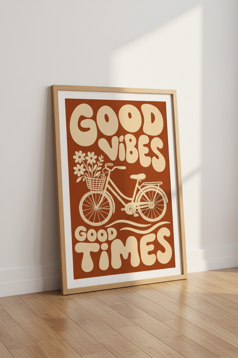 Good Vibes Good Times Bicycle Art | Retro Burnt Orange, Boho Living Room Poster
