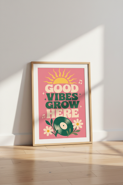 Good Vibes Grow Here Art | Retro Pink &amp; Green Poster, Music Room Decor