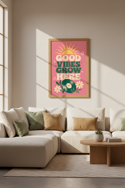 Good Vibes Grow Here Art | Retro Pink &amp; Green Poster, Music Room Decor