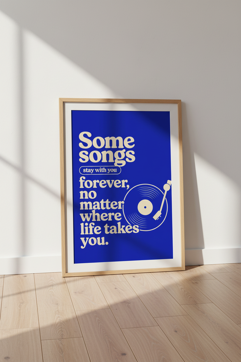 Retro Music Quote Wall Art | Blue Vinyl Record Poster | Audiophile Home Decor