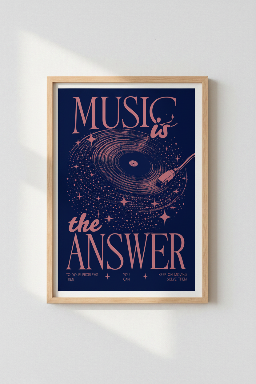 Music Is The Answer Vinyl Wall Art | Retro Cosmic Poster, Bedroom Studio Decor