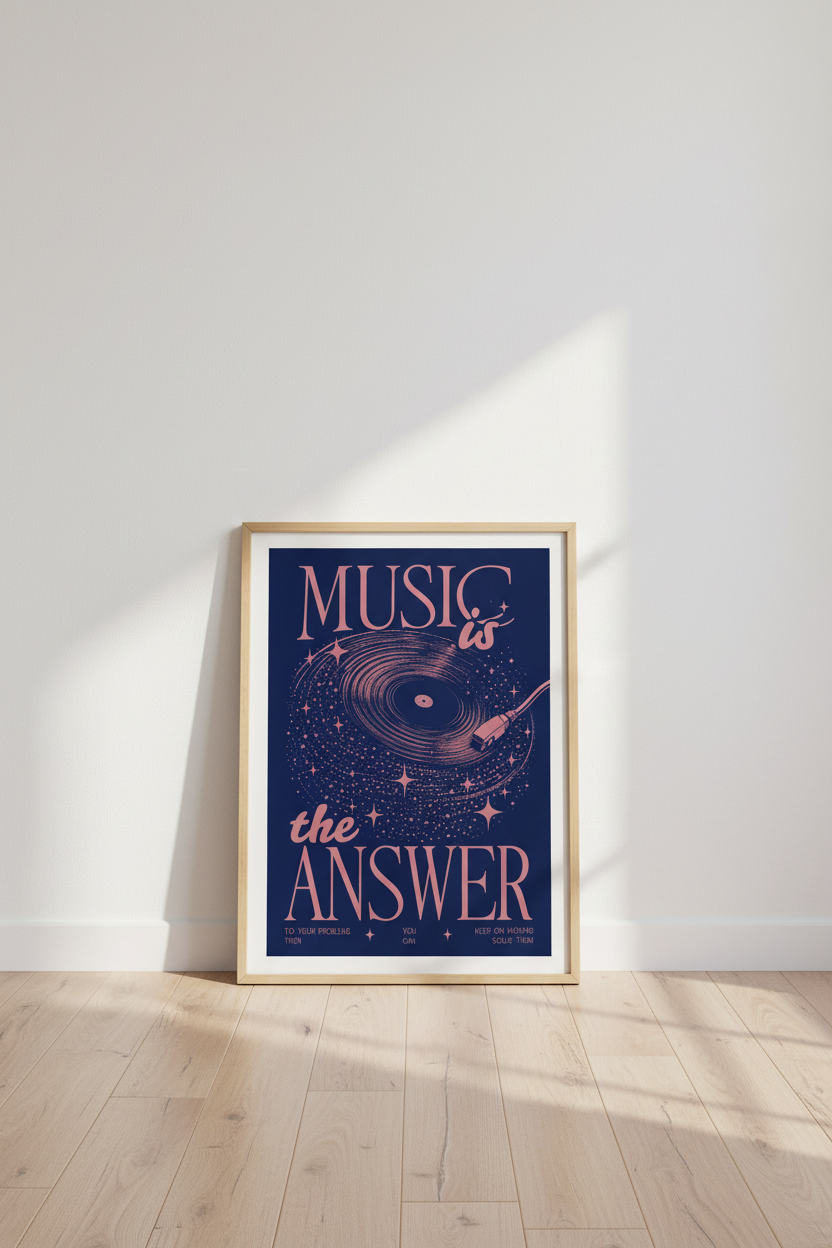 Music Is The Answer Vinyl Wall Art | Retro Cosmic Poster, Bedroom Studio Decor