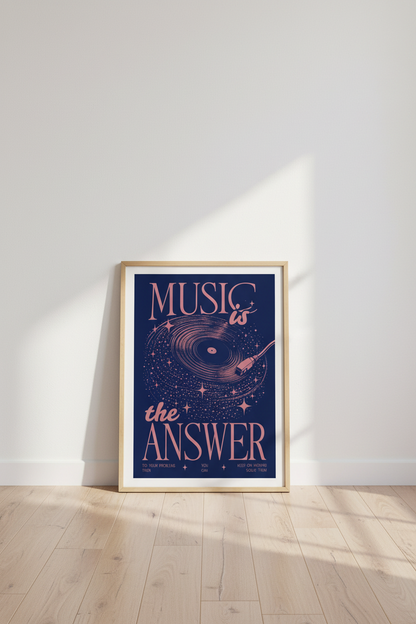 Music Is The Answer Vinyl Wall Art | Retro Cosmic Poster, Bedroom Studio Decor