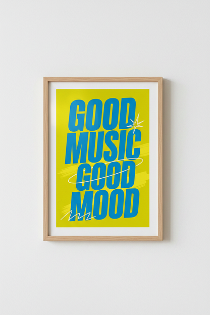 Good Music Good Mood Wall Art | Retro Blue &amp; Yellow Poster | Modern Dorm Decor