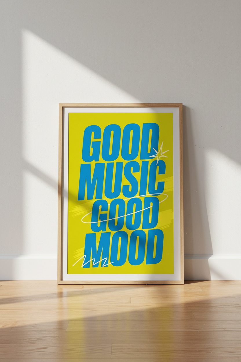 Good Music Good Mood Wall Art | Retro Blue &amp; Yellow Poster | Modern Dorm Decor