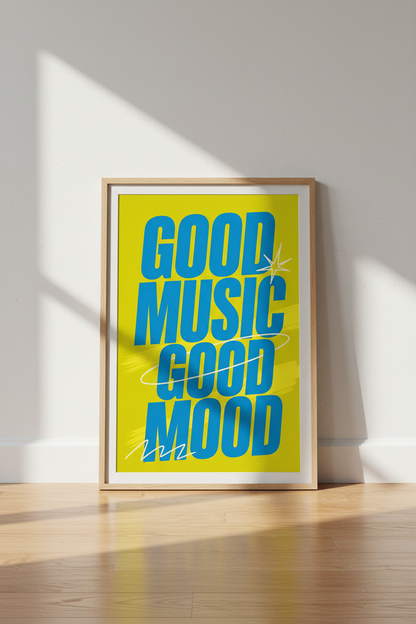 Good Music Good Mood Wall Art | Retro Blue &amp; Yellow Poster | Modern Dorm Decor