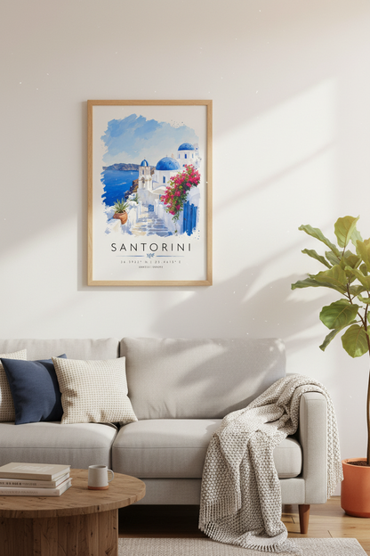 Santorini Greece Travel Poster | Mediterranean Blue White Wall Art | Coastal Home Decor