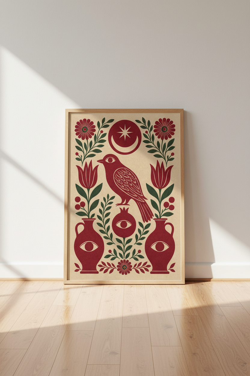 Folk Art Bird &amp; Pomegranate Print | Red Mystical Wall Art, Boho Living Room Decor