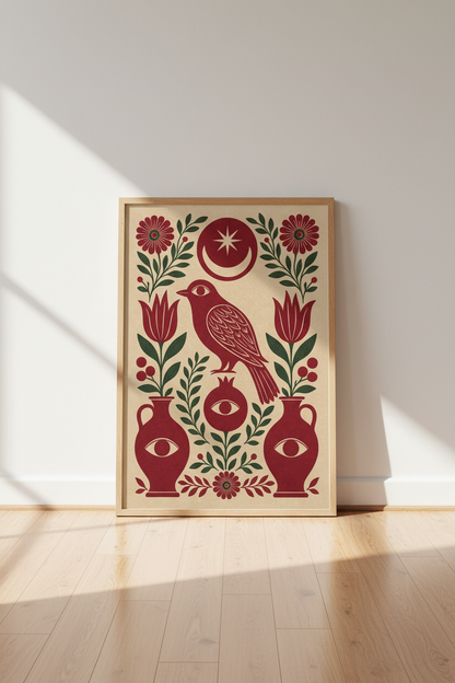 Folk Art Bird &amp; Pomegranate Print | Red Mystical Wall Art, Boho Living Room Decor