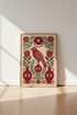 Folk Art Bird & Pomegranate Print | Red Mystical Wall Art, Boho Living Room Decor