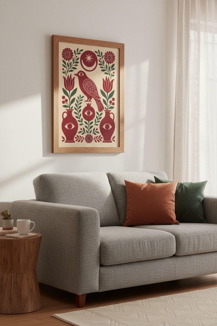 Folk Art Bird &amp; Pomegranate Print | Red Mystical Wall Art, Boho Living Room Decor