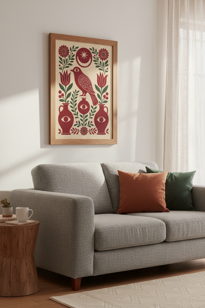 Folk Art Bird &amp; Pomegranate Print | Red Mystical Wall Art, Boho Living Room Decor