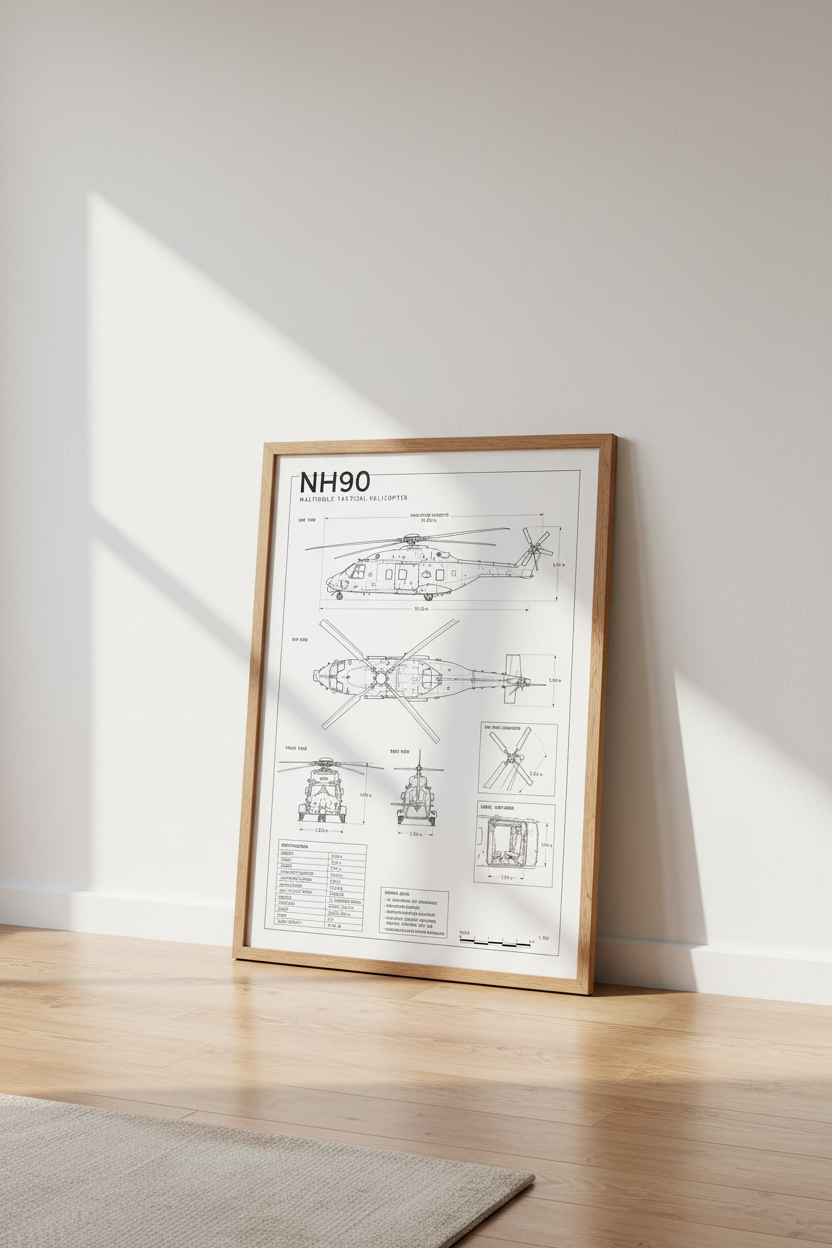 NH90 Helicopter Blueprint | Technical Aviation Art, Military Man Cave Decor