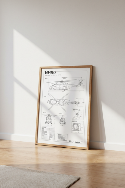 NH90 Helicopter Blueprint | Technical Aviation Art, Military Man Cave Decor
