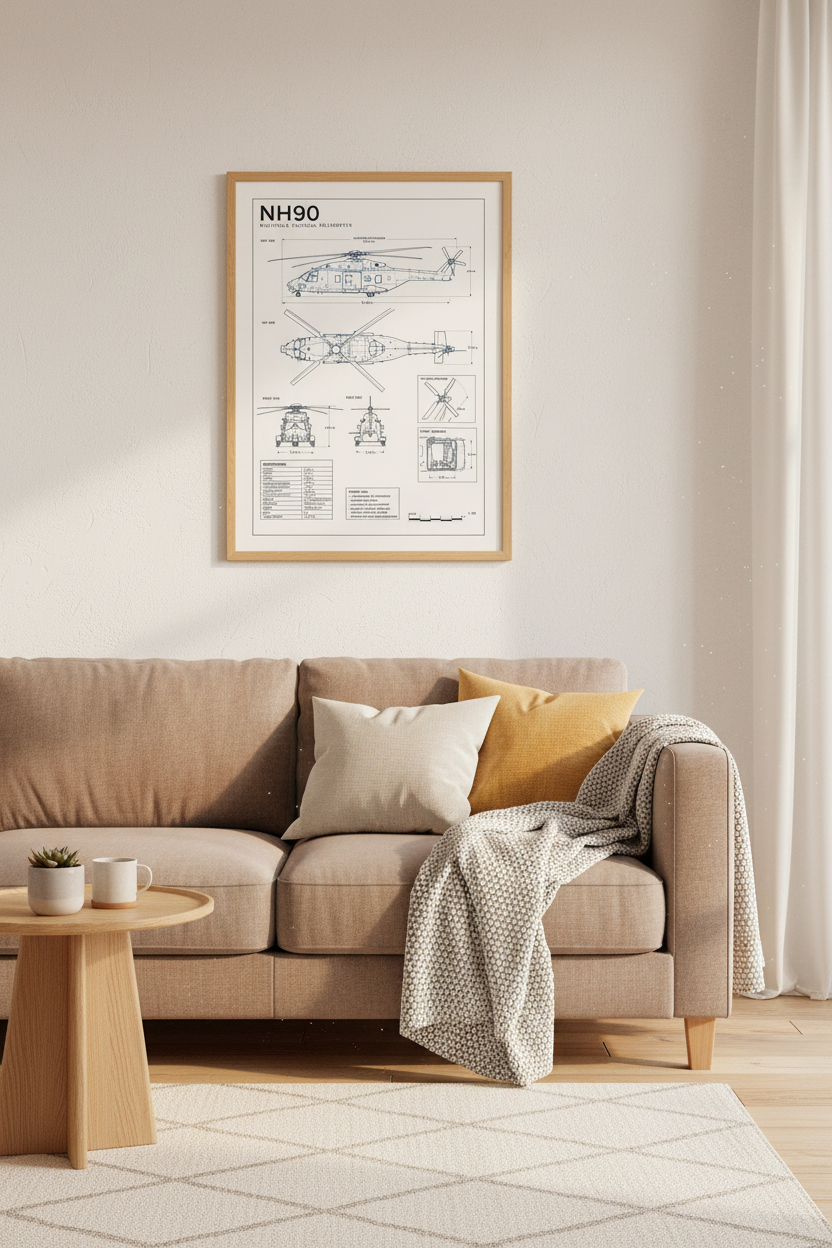 NH90 Helicopter Blueprint | Technical Aviation Art, Military Man Cave Decor