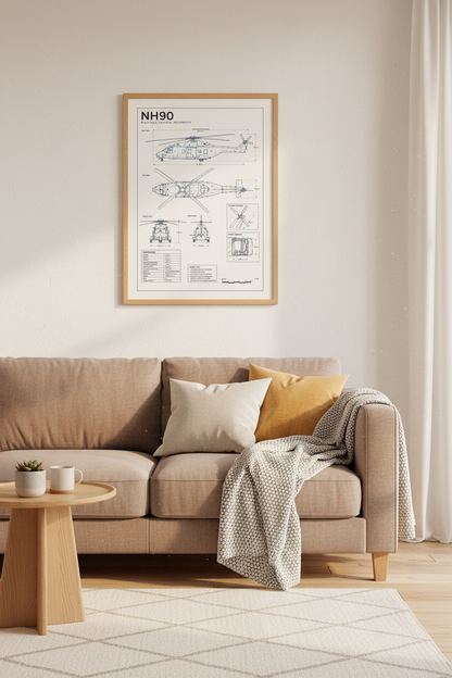 NH90 Helicopter Blueprint | Technical Aviation Art, Military Man Cave Decor