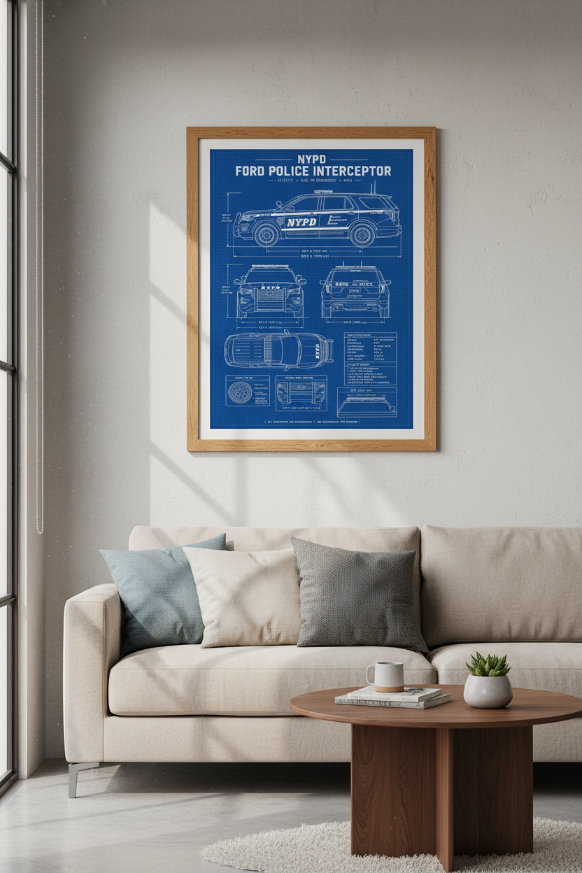 NYPD Ford Police Interceptor Blueprint | Blue Technical Drawing, Man Cave Wall Art Poster
