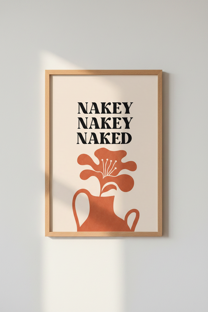 Retro Nakey Nakey Naked Wall Art | Funny Bathroom Print | Boho Terracotta Decor