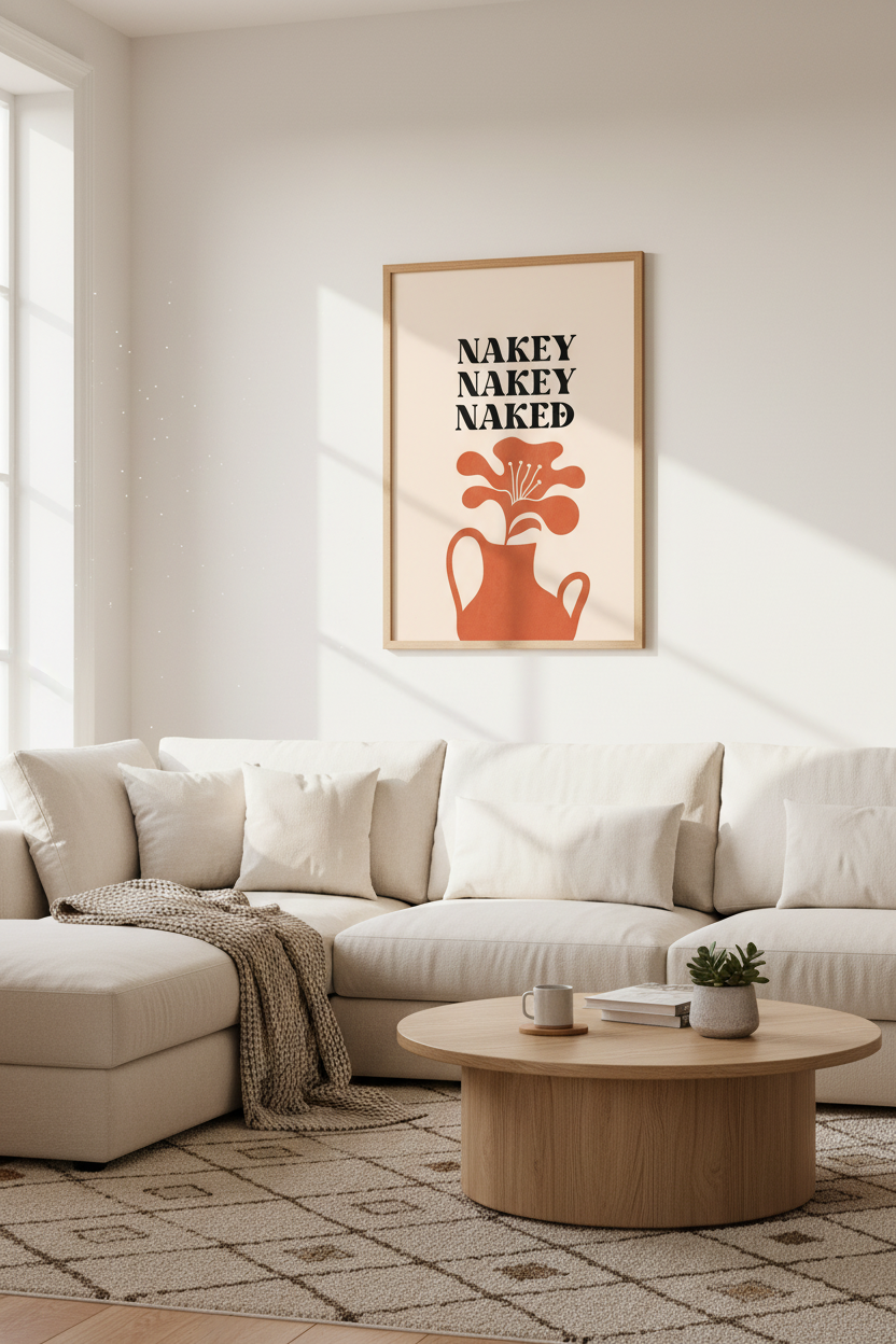 Retro Nakey Nakey Naked Wall Art | Funny Bathroom Print | Boho Terracotta Decor