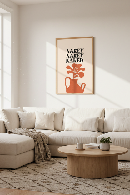 Retro Nakey Nakey Naked Wall Art | Funny Bathroom Print | Boho Terracotta Decor