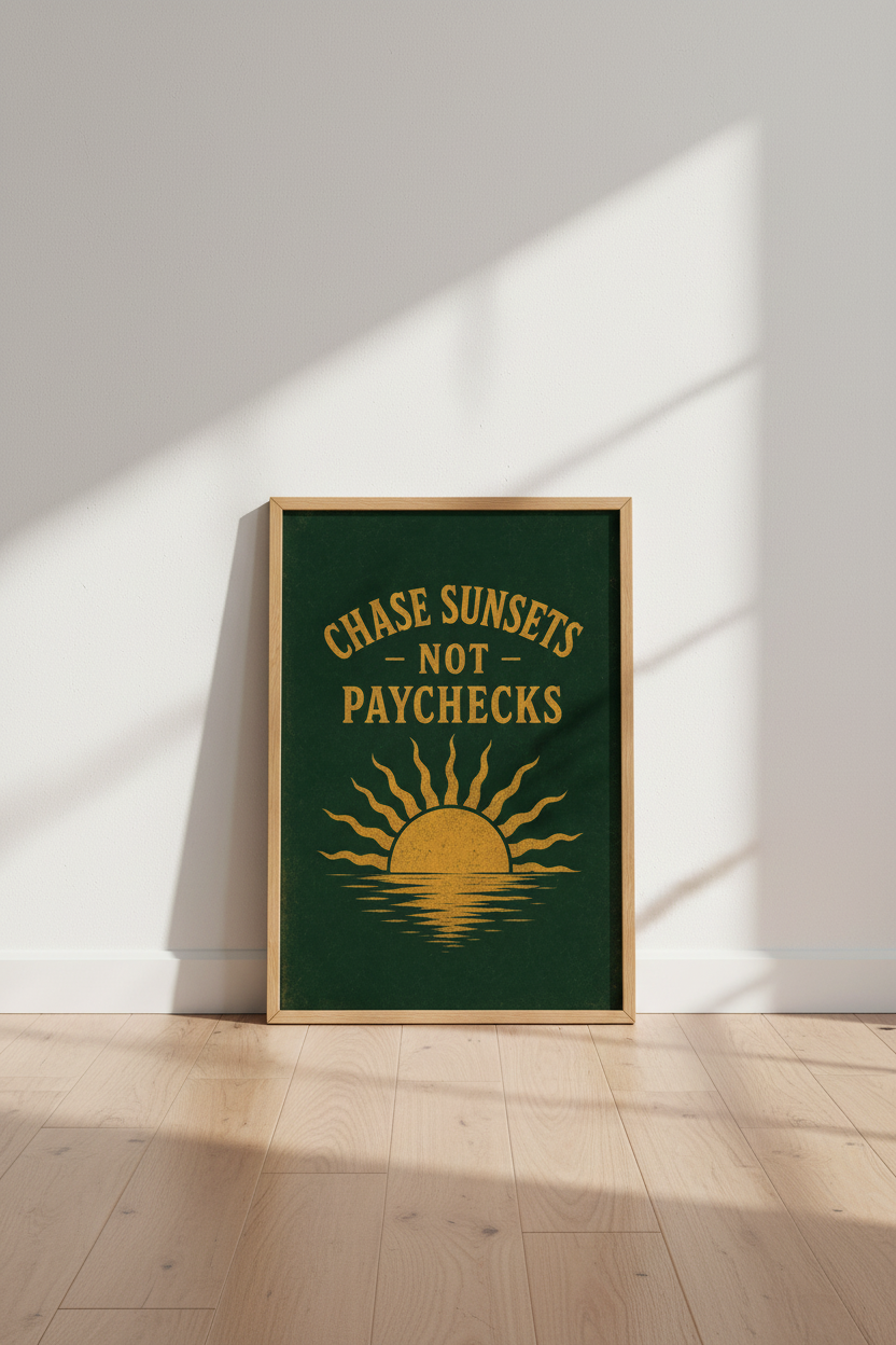 Chase Sunsets Not Paychecks | Retro Green &amp; Gold Poster, Home Office Decor
