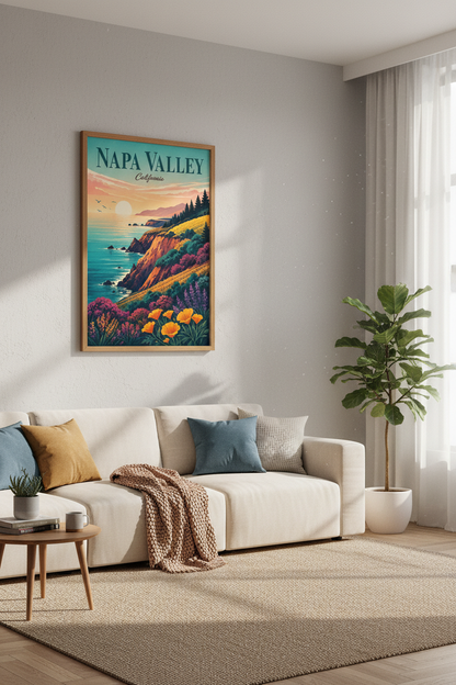 Napa Valley California Travel Poster | Vintage Coastal Sunset Wall Art | Wine Country