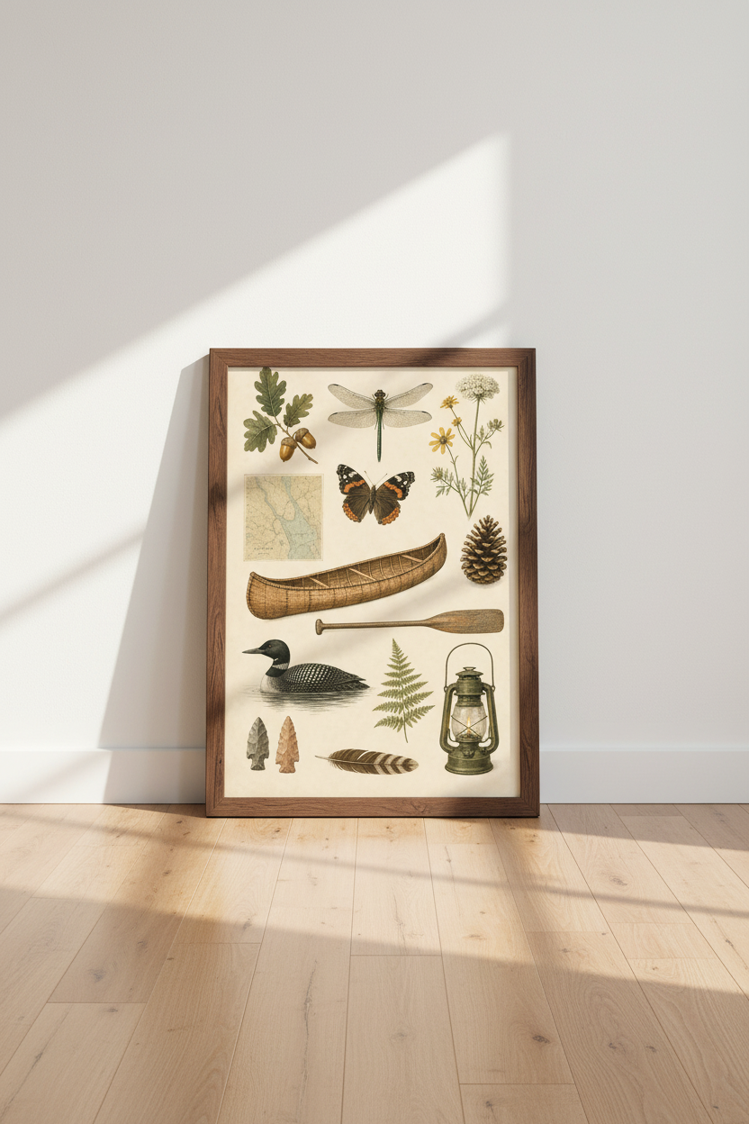 Lake Life Nature Study | Vintage Canoe &amp; Wildlife Illustration, Cabin Decor