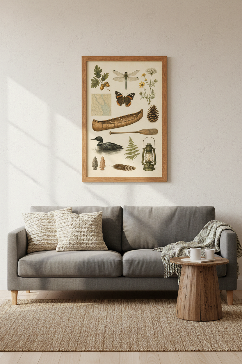 Lake Life Nature Study | Vintage Canoe &amp; Wildlife Illustration, Cabin Decor