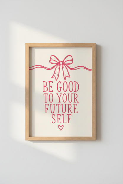 Pink Bow Quote Wall Art | Be Good To Your Future Self | Coquette Aesthetic Poster