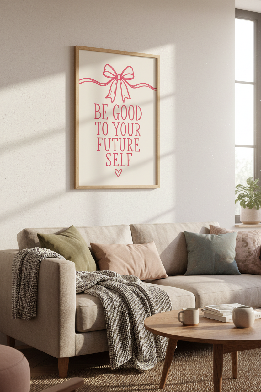 Pink Bow Quote Wall Art | Be Good To Your Future Self | Coquette Aesthetic Poster