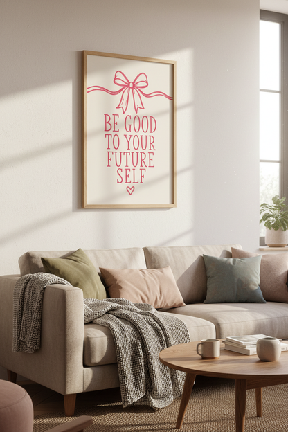 Pink Bow Quote Wall Art | Be Good To Your Future Self | Coquette Aesthetic Poster