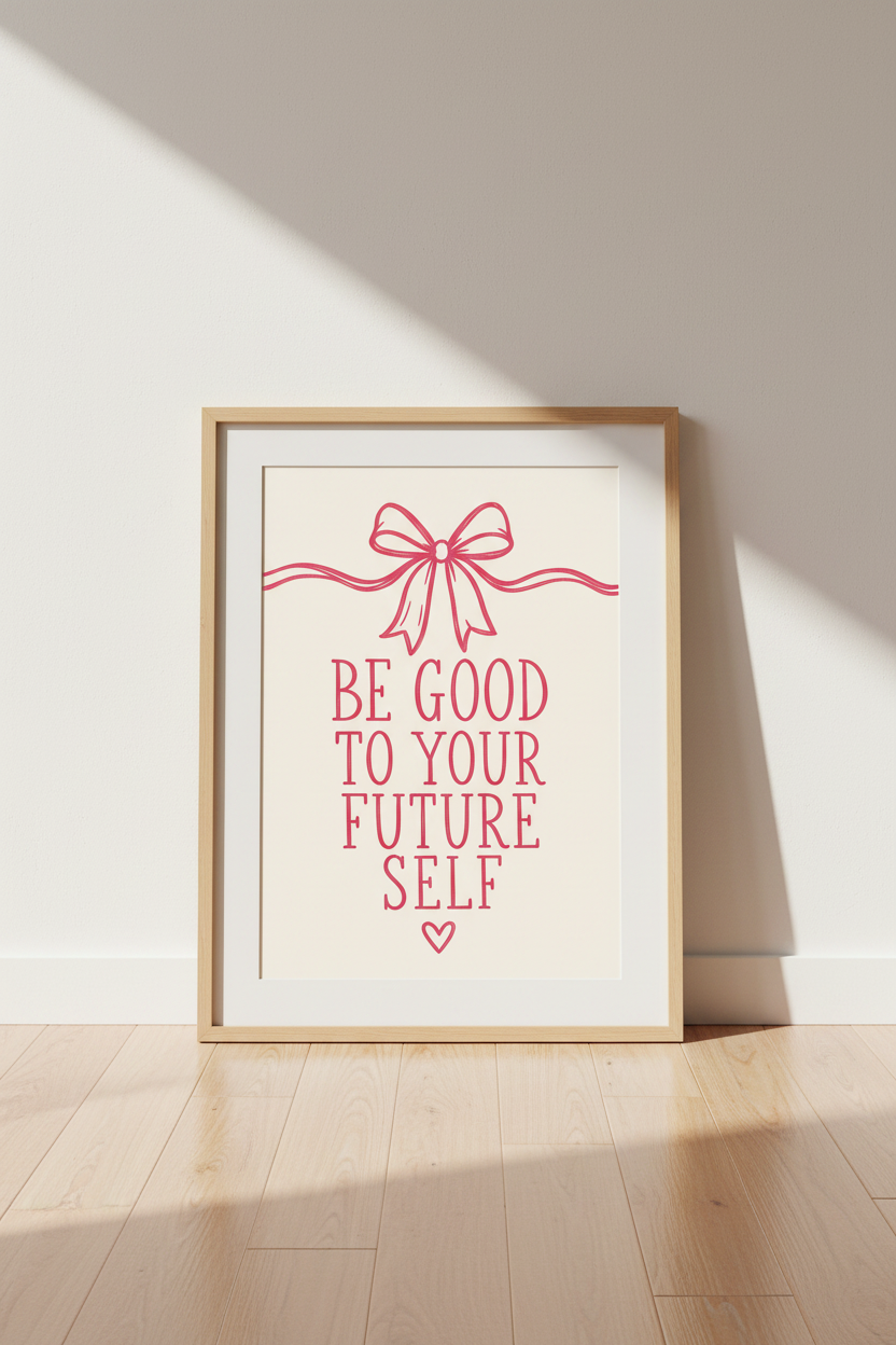 Pink Bow Quote Wall Art | Be Good To Your Future Self | Coquette Aesthetic Poster