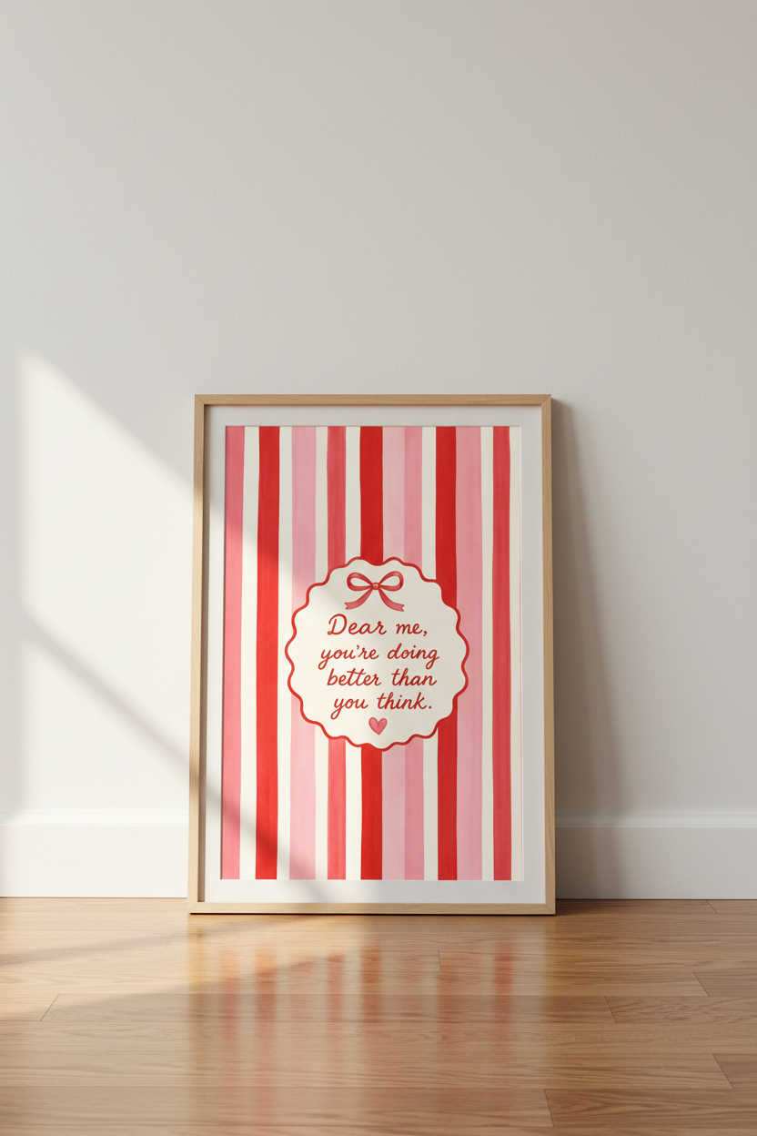 Coquette Aesthetic Wall Art | Pink Red Striped Bow Poster | Preppy Room Decor